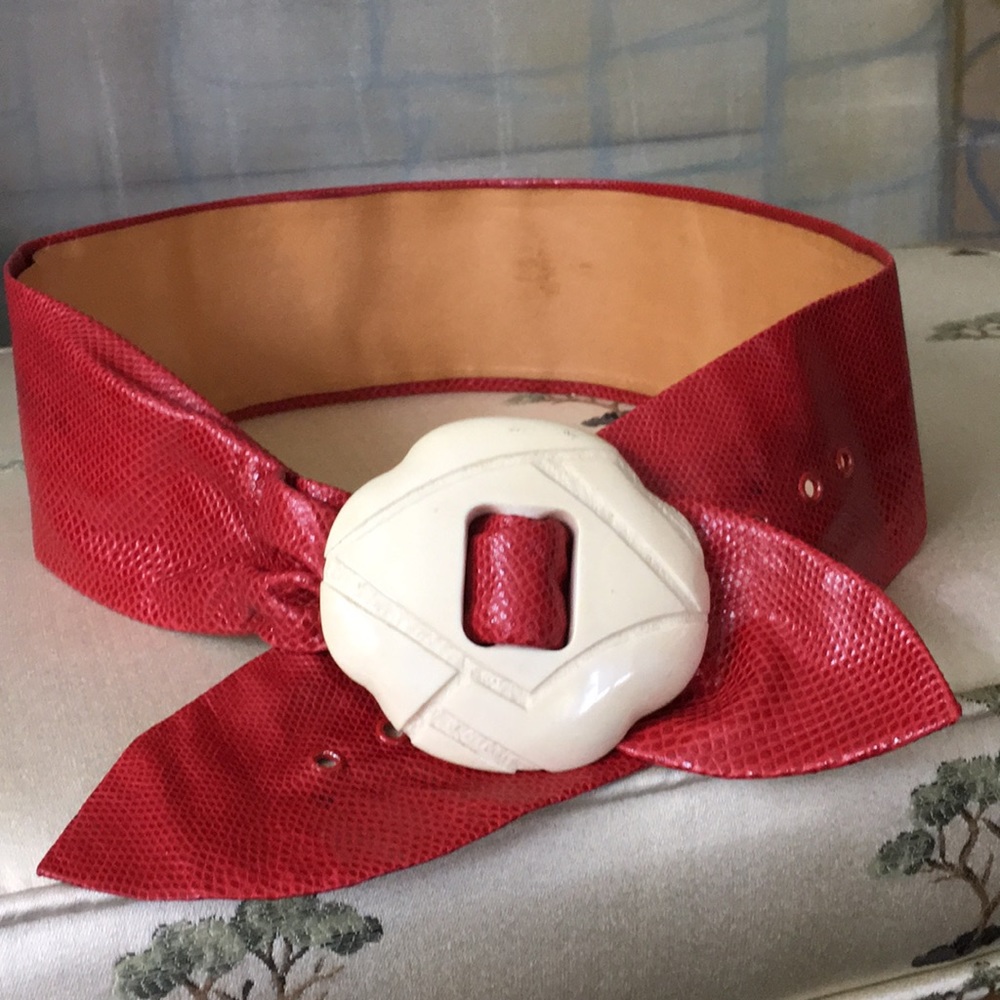 Red Snakeskin Belt & Old Ivory Carved Buckle